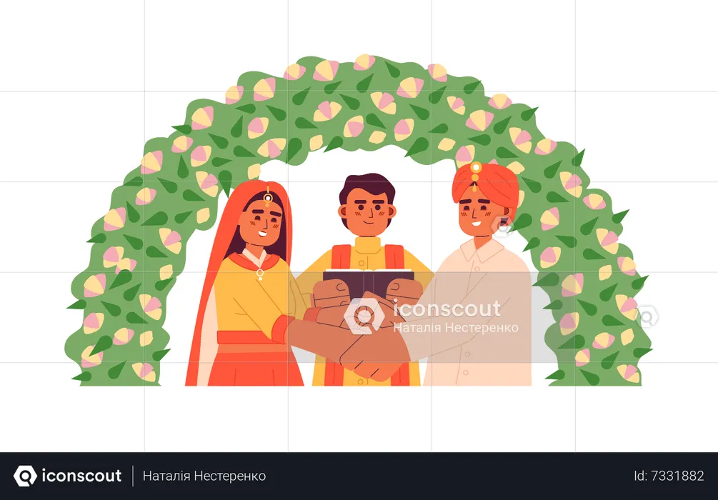 Indian prayer officiating bride groom hindu wedding  Illustration
