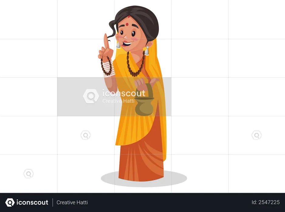 Indian priestess holding a brass Kamandal in hand and remembering god  Illustration