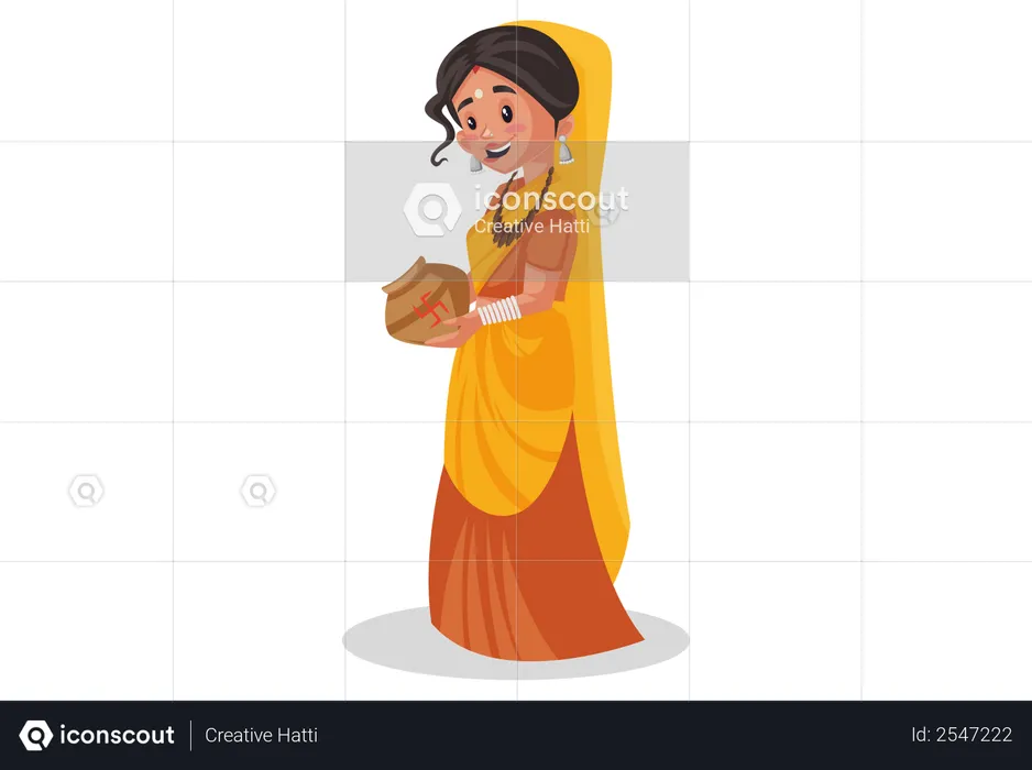 Indian priestess holding an earthen pot in hands  Illustration