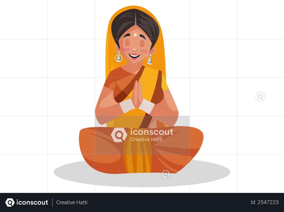 Indian priestess sitting and doing meditation or Praying  Illustration