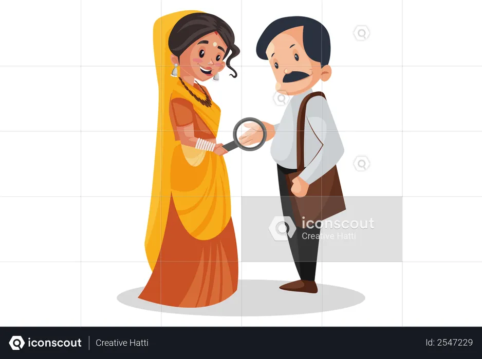 Indian priestess watching the palm of a man with a magnifying glass  Illustration