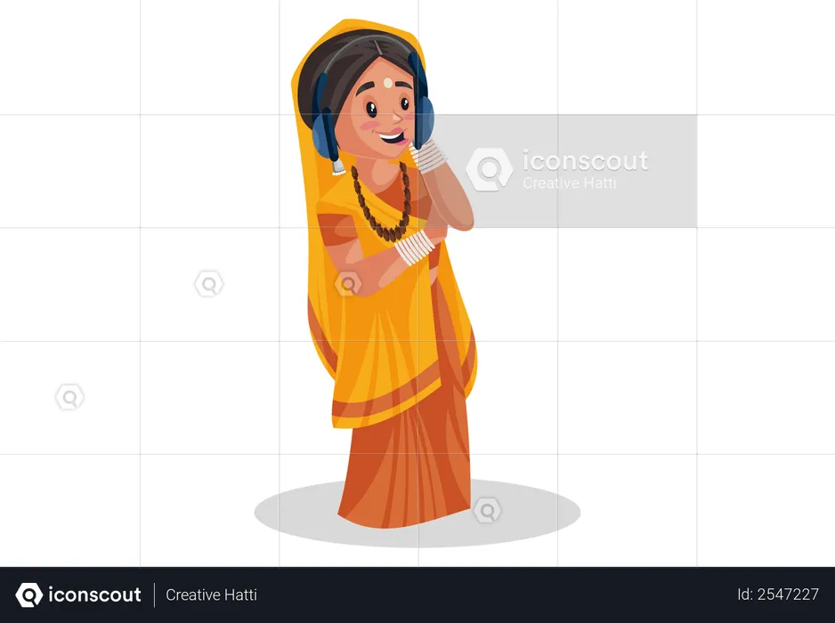 Indian priestess wearing headphone and listening to music  Illustration