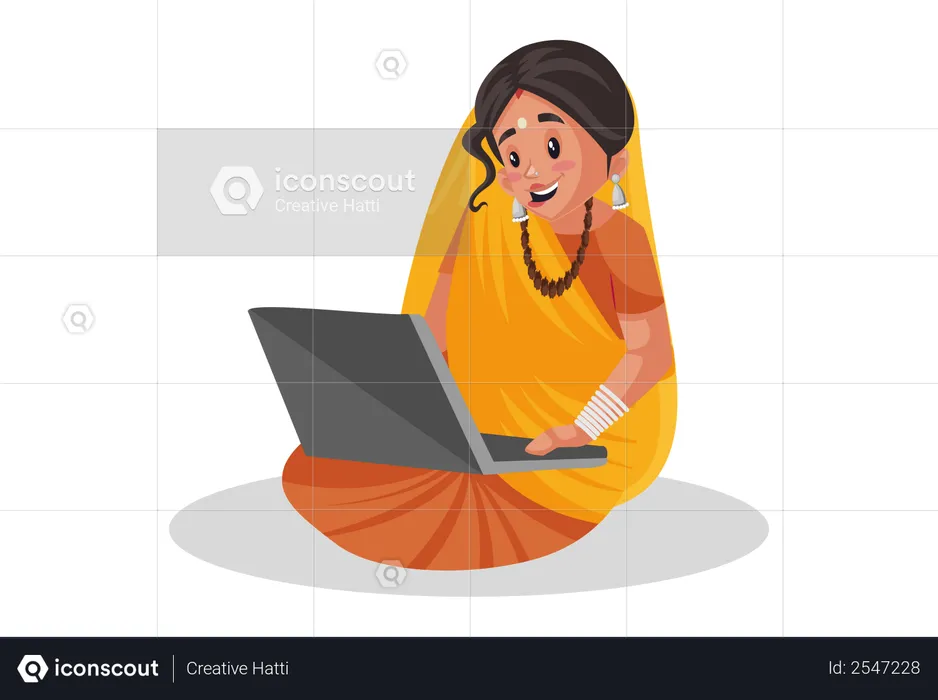 Indian priestess working on laptop  Illustration