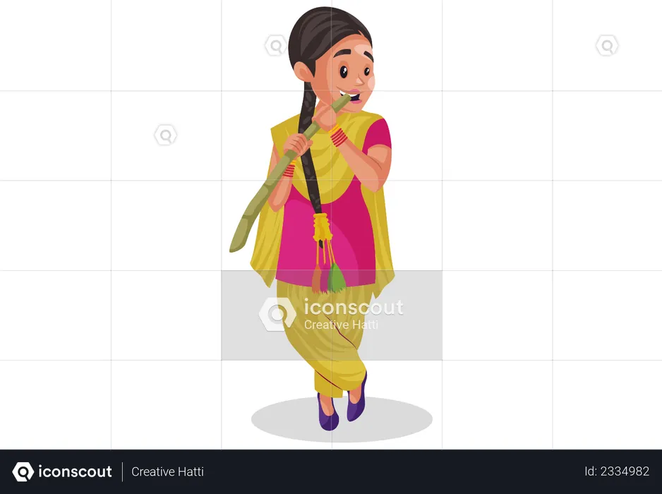 Indian punjabi woman eating Sugarcane  Illustration