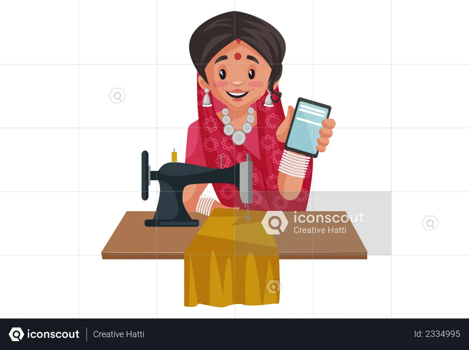 Indian rajasthani woman holding mobile and working on sewing machine  Illustration