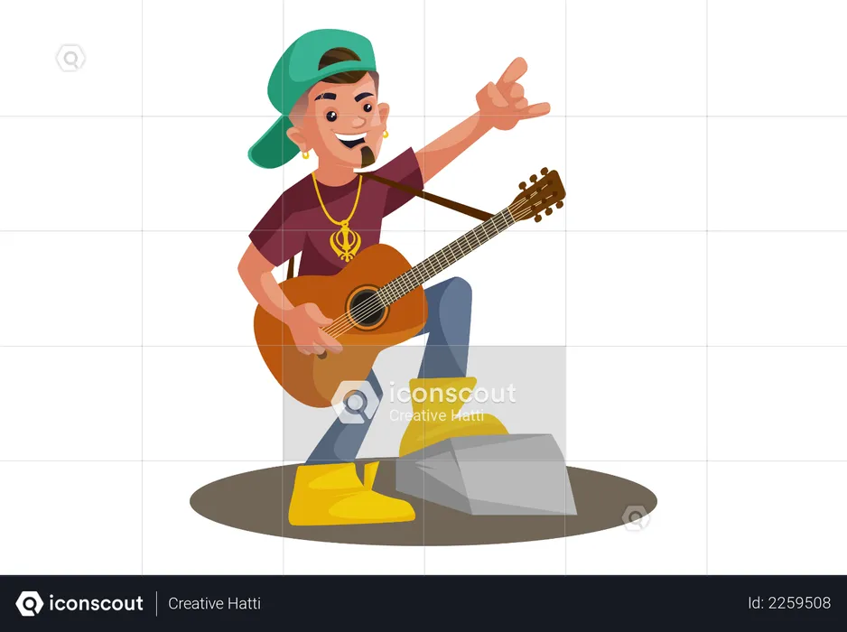 Indian rockstar is playing the guitar and singing  Illustration