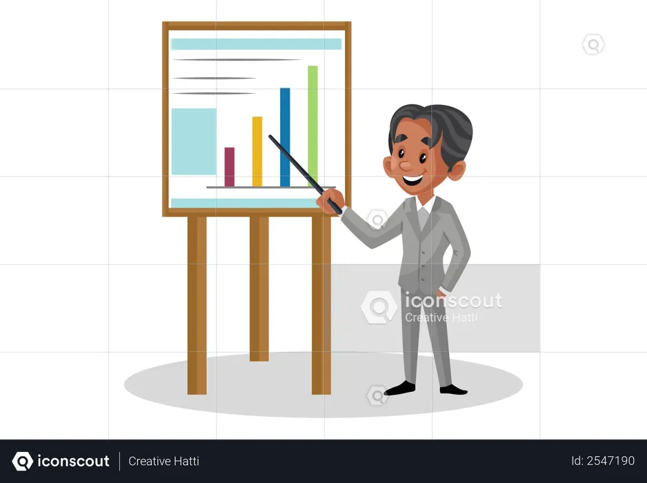 Indian Scientist holding stick in hand and showing a graph chart  Illustration