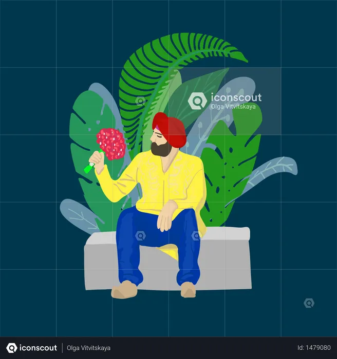 Indian sikh man in turban sitting in park with flowers  Illustration
