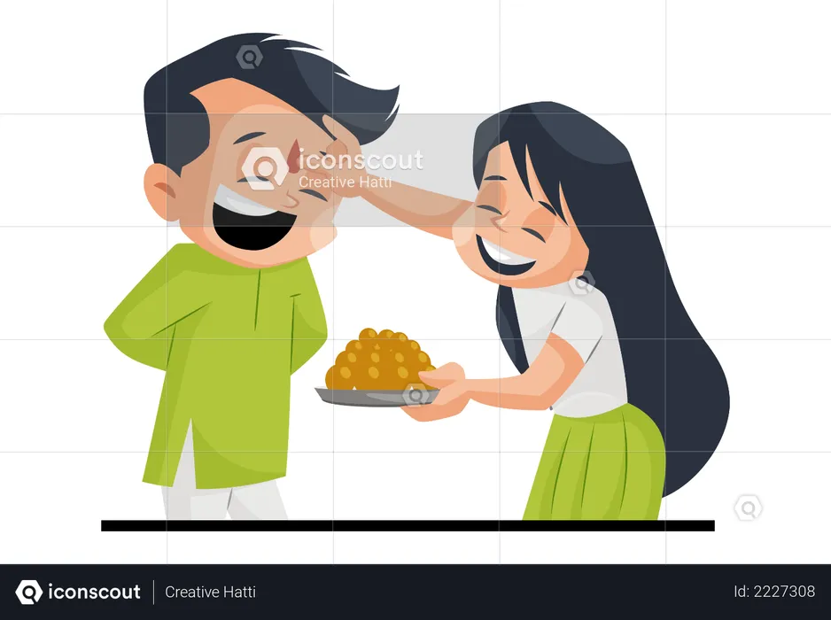 Indian sister doing tika on forehead of brother holding laddu Sweet  Illustration