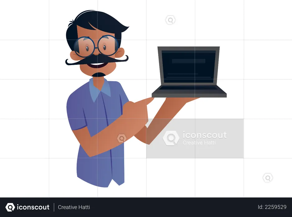Indian Tailor holding a laptop in hand for advertisement  Illustration