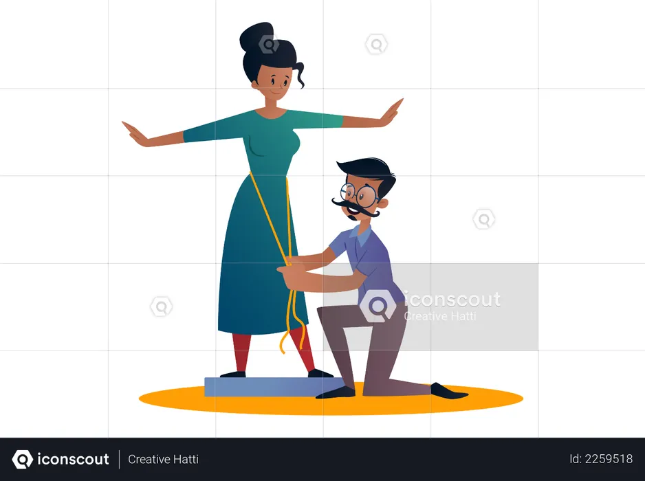 Indian Tailor holding a measurement tape and measuring lady for dress  Illustration