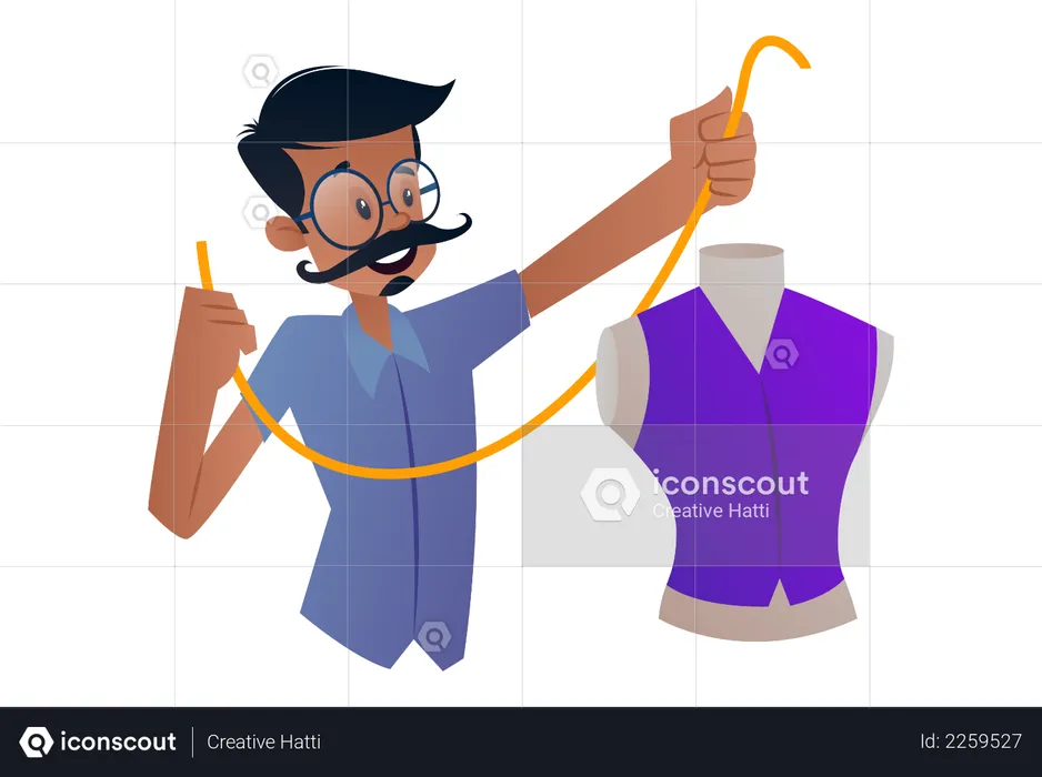 Indian Tailor measuring tape and making a dress  Illustration