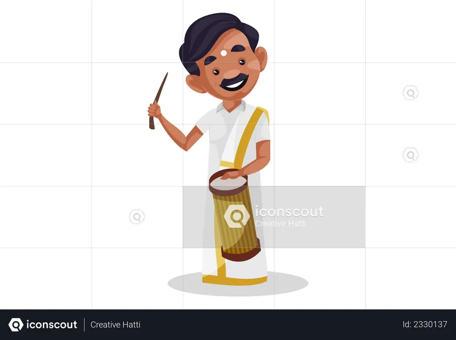 Indian tamil man playing drum with stick  Illustration