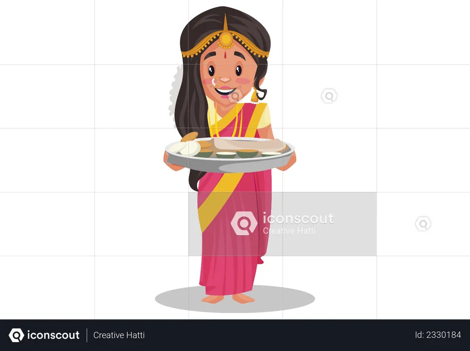 Indian tamil woman holding food dish in her hand  Illustration