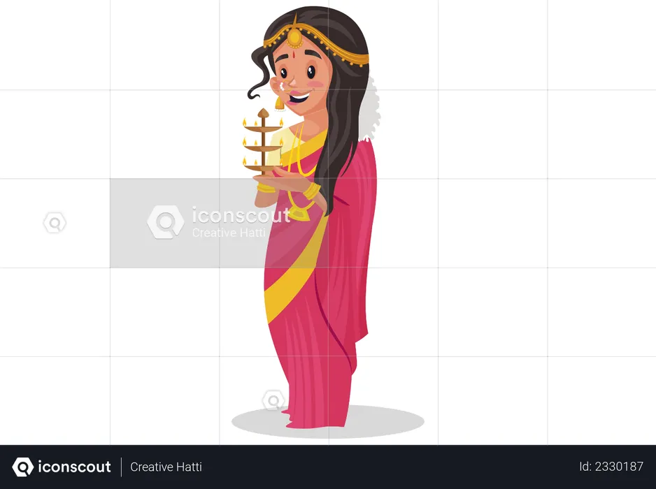 Indian tamil woman holding lamp  Illustration