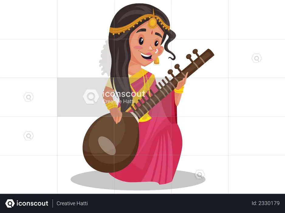 Indian tamil woman playing veena  Illustration