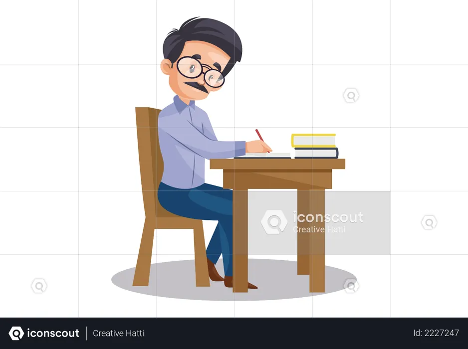 Indian Teacher checking exam paper seating on desk  Illustration