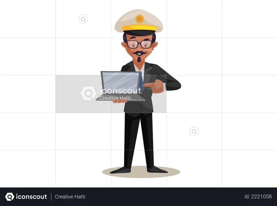 Indian Train Conductor showing Laptop with empty screen  Illustration