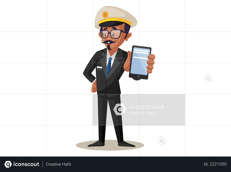 Indian Train Conductor Showing Smartphone For Online Booking  Illustration