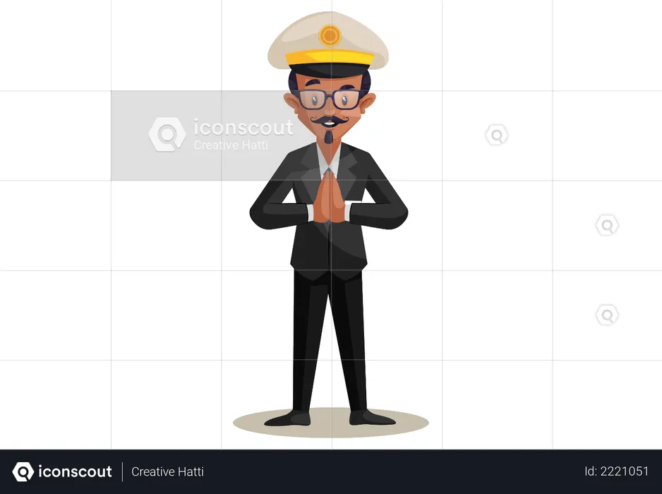 Indian Train Conductor with Namaste Hand Gesture  Illustration