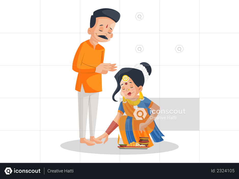 Indian wife taking blessings from his husband Illustration