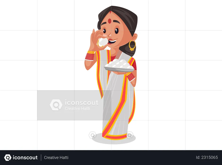 Indian woman holding indian sweet in plate and eating it  Illustration