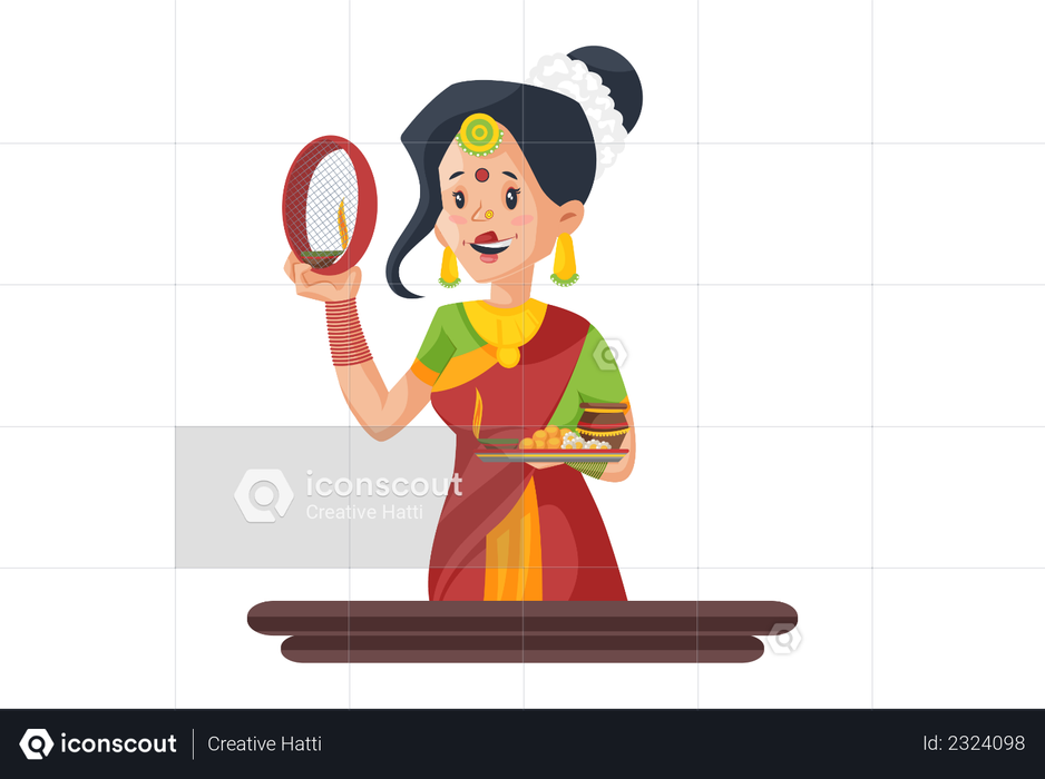 Indian woman holding strainer and worship plate in her hand Illustration