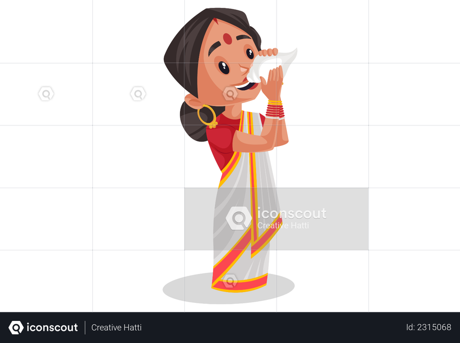 Indian woman is blowing conch shell Illustration