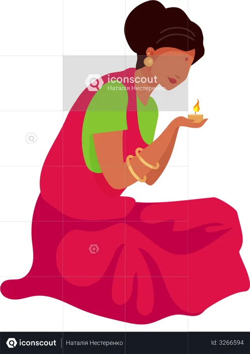 Indian woman lighting candle  Illustration