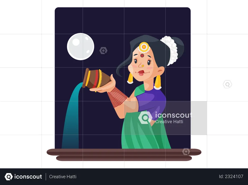 Indian woman offering holy water to god  Illustration