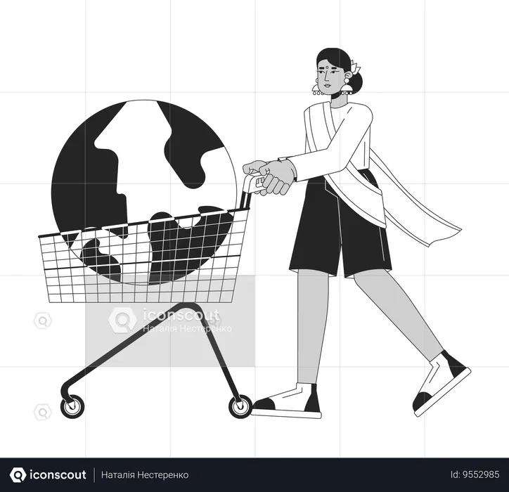 Indian woman pushing cart with earth globe  Illustration