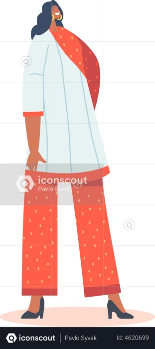 Indian Woman Wear Red Suit with Trousers and Long Blouse with Scarf  Illustration