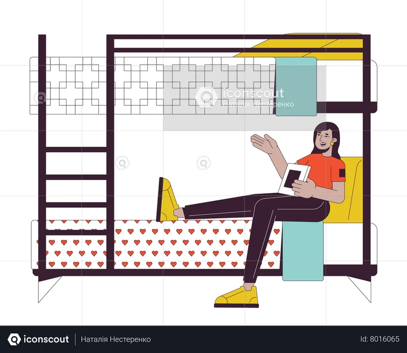 Indian woman with book sitting on bunkbed  Illustration