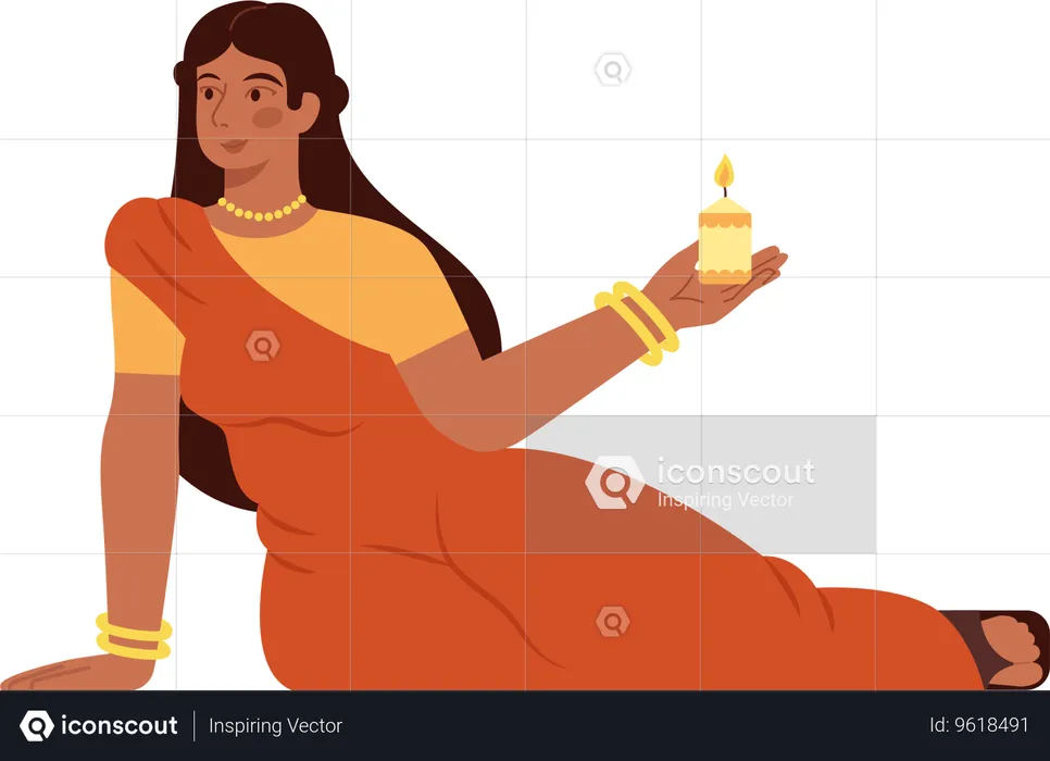 Indian Woman With Candle  Illustration