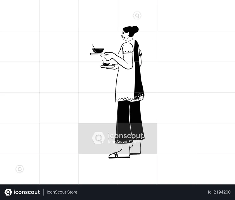 Indian woman with tea about to serve  Illustration