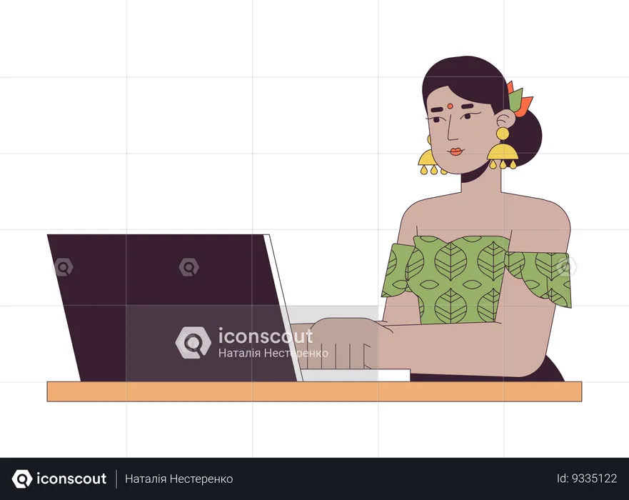 Indian woman working on laptop  Illustration