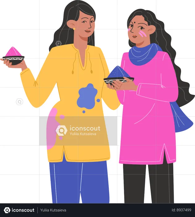 Indian women enjoying color festival  Illustration