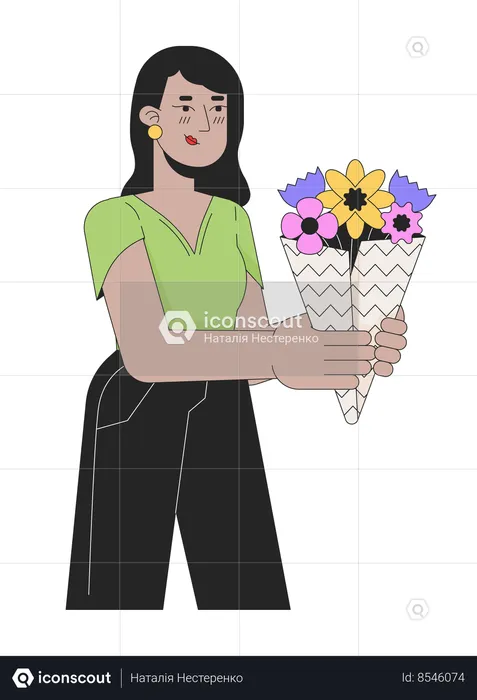 Indian young adult woman giving blooming bouquet  Illustration