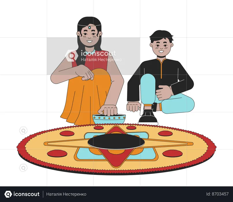 Indians siblings making rangoli  Illustration