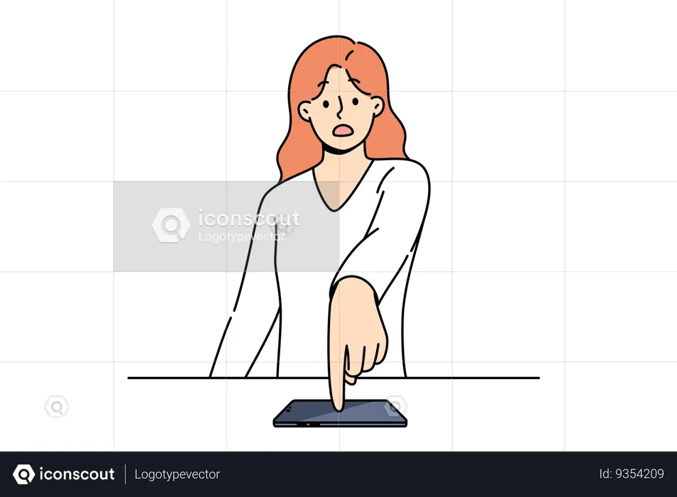 Indignant woman points finger at mobile after learning about leak of confidential information  Illustration