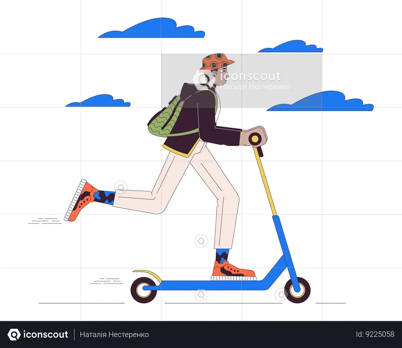 Hombre adulto joven indio montando scooter eléctrico  Ilustración