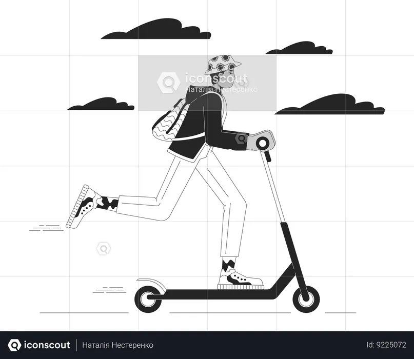 Hombre adulto joven indio montando scooter eléctrico  Ilustración
