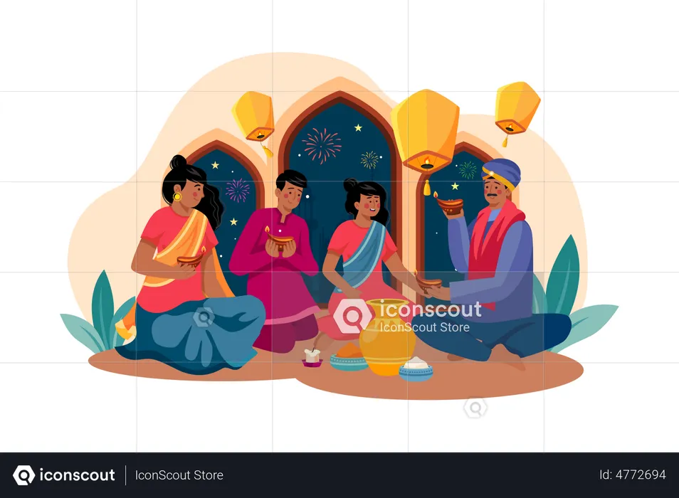 Indische Familie feiert Diwali-Fest  Illustration