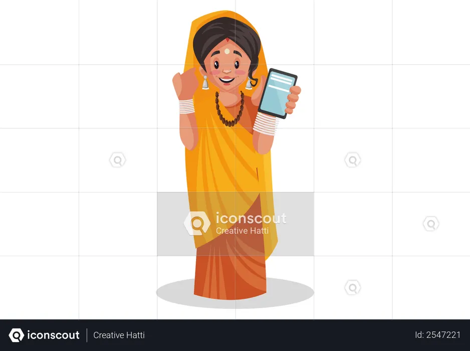 Indische Priesterin zeigt ein Mobiltelefon  Illustration