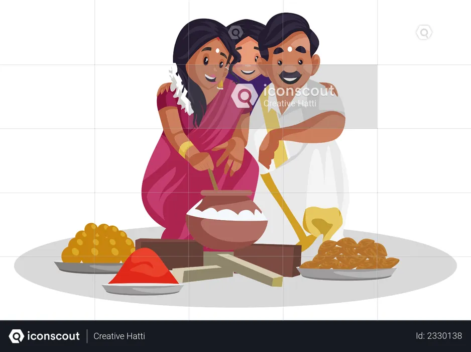 Indische tamilische Familie macht Süßigkeiten  Illustration