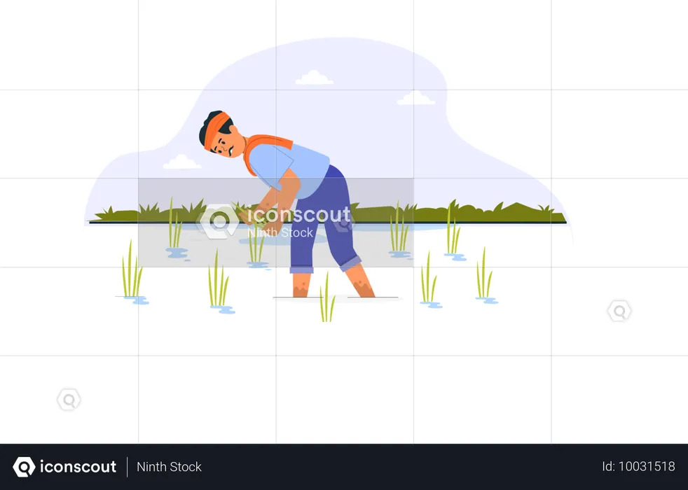 Indischer Bauer pflanzt Reispflanze auf Farm  Illustration