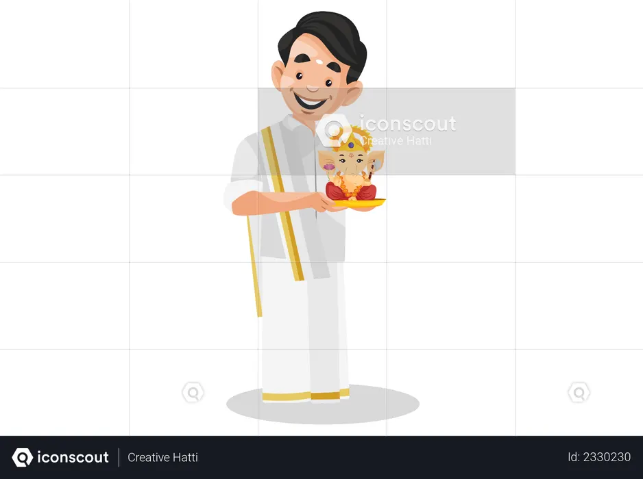 Indischer Malayali-Mann hält Statue von Lord Ganesh in den Händen  Illustration