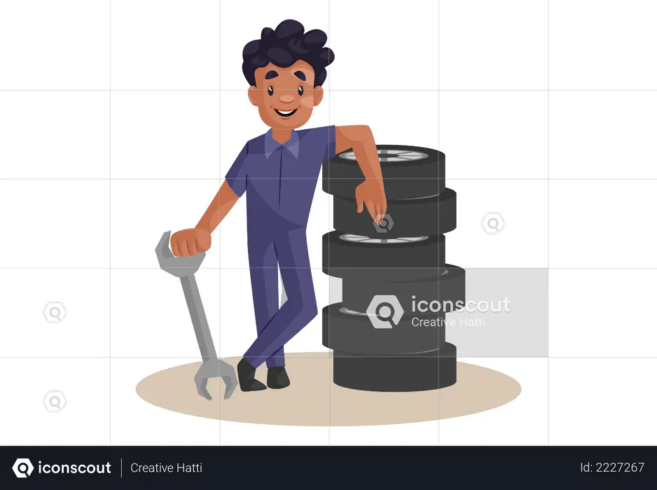 Indischer Mechaniker steht neben Rädern  Illustration