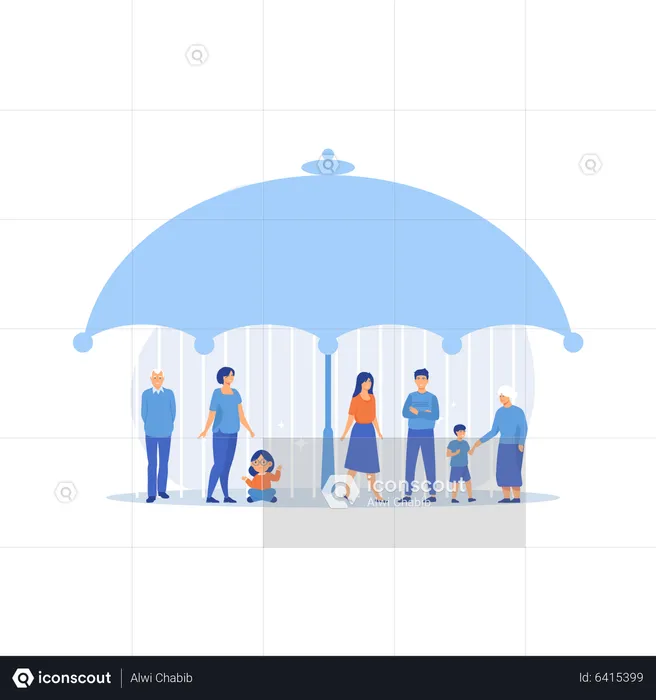 Individuals under umbrella protection against economic hazards  Illustration