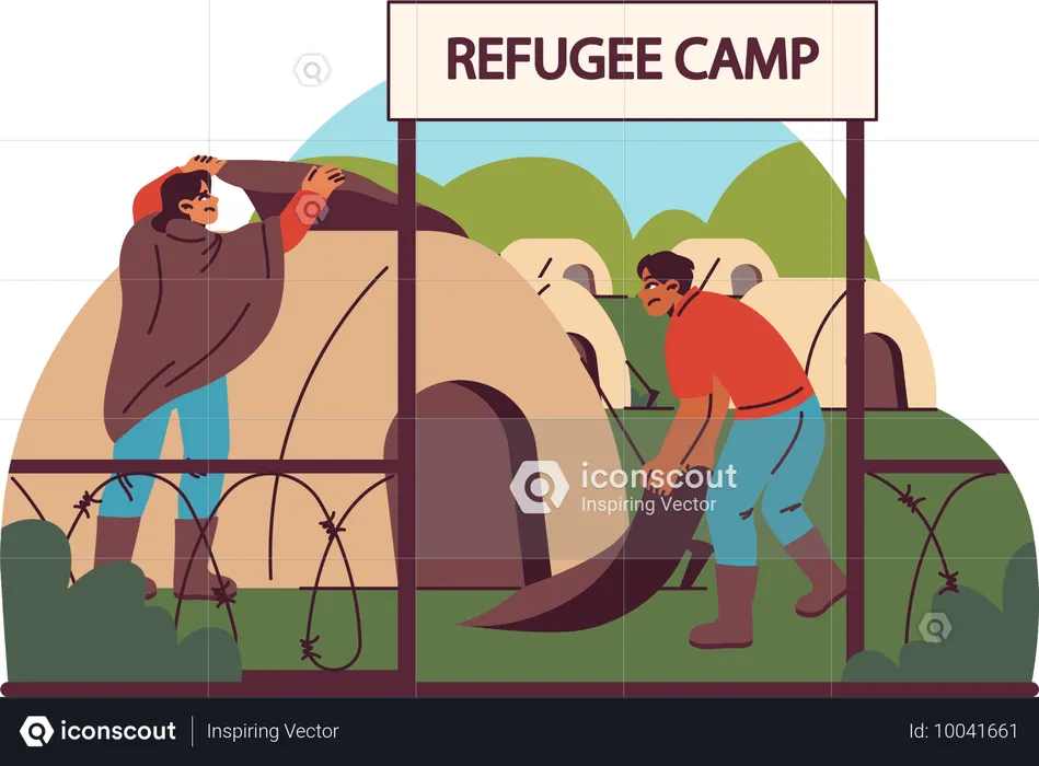 Indivíduos em campos de refugiados buscam abrigo e segurança  Ilustração